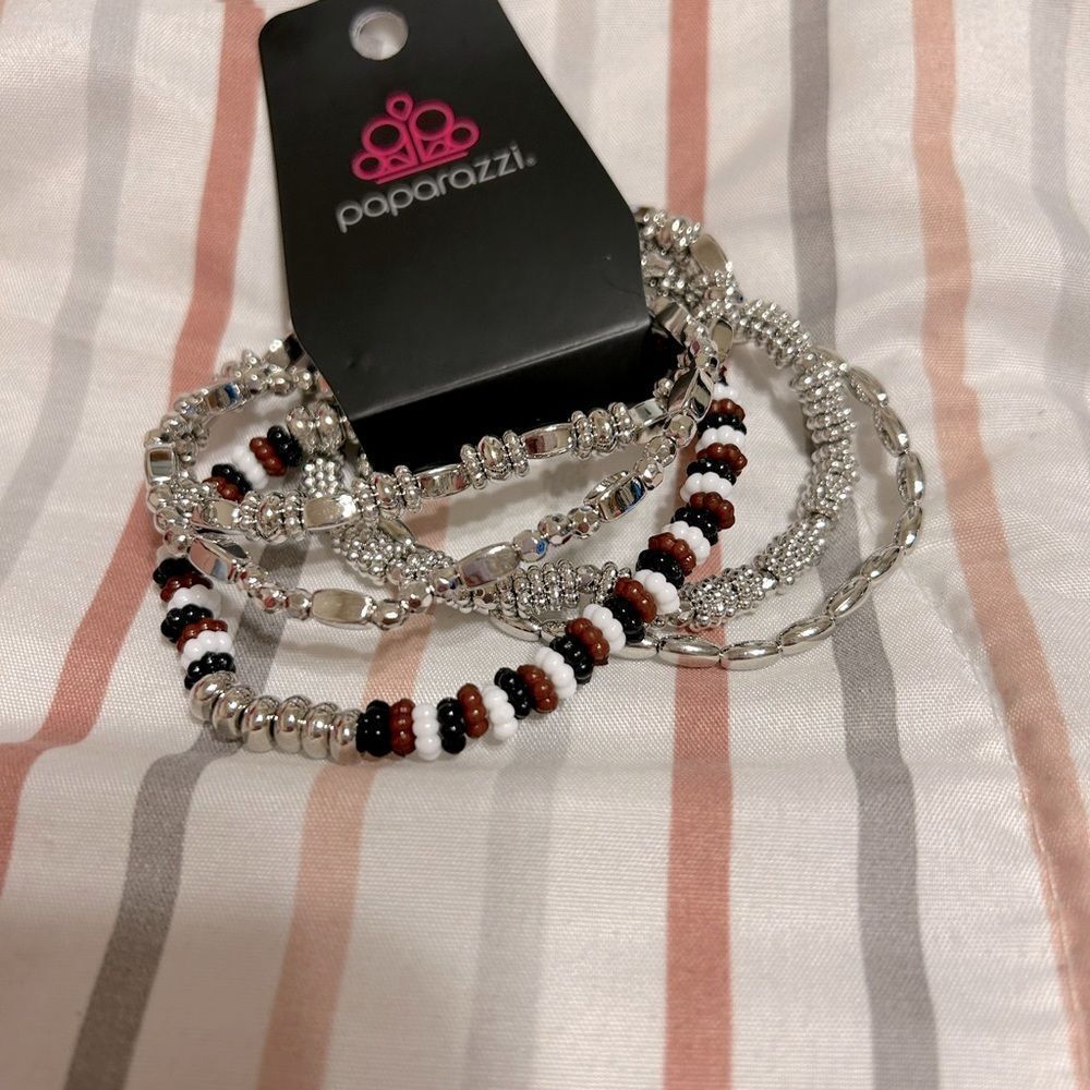 Paparazzi Silver, Brown, Black & White Beaded Bracelets